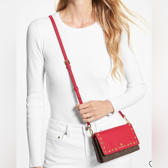 MICHAEL MICHAEL KORS Jet Set Small Studded Faux Leather Logo Phone Crossbody - Picture 14 of 16